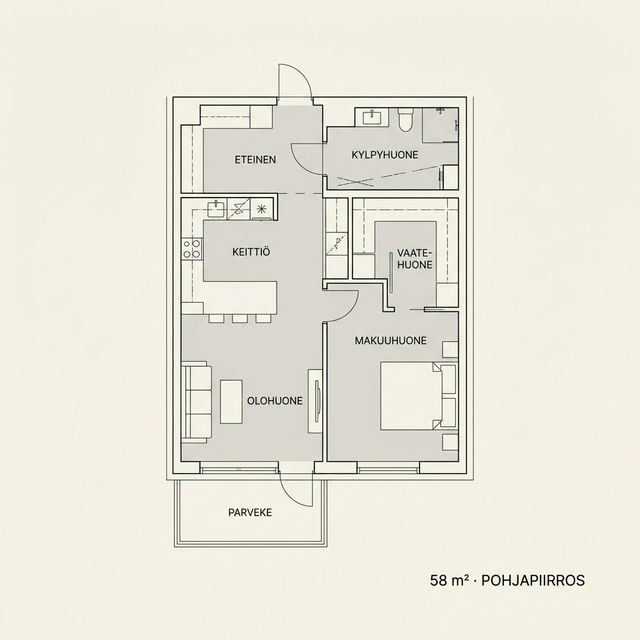 Pohjakuva — 58 m², 2h+vh+k+parveke