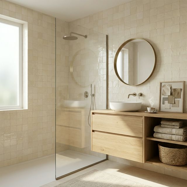 Visio: kylpyhuone — zellige-laatta, tamminen kalustepöytä