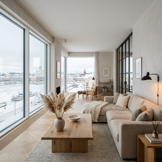 Moderni skandinaavinen olohuone Helsingissä