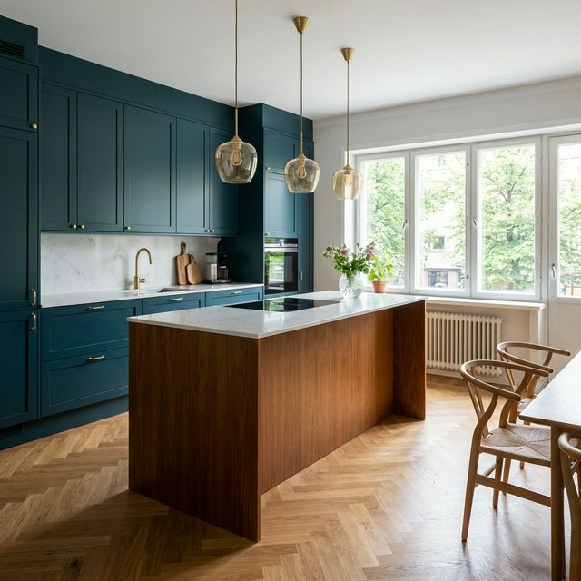 Keittiö — teal-kaapistot, tiikkinen saareke